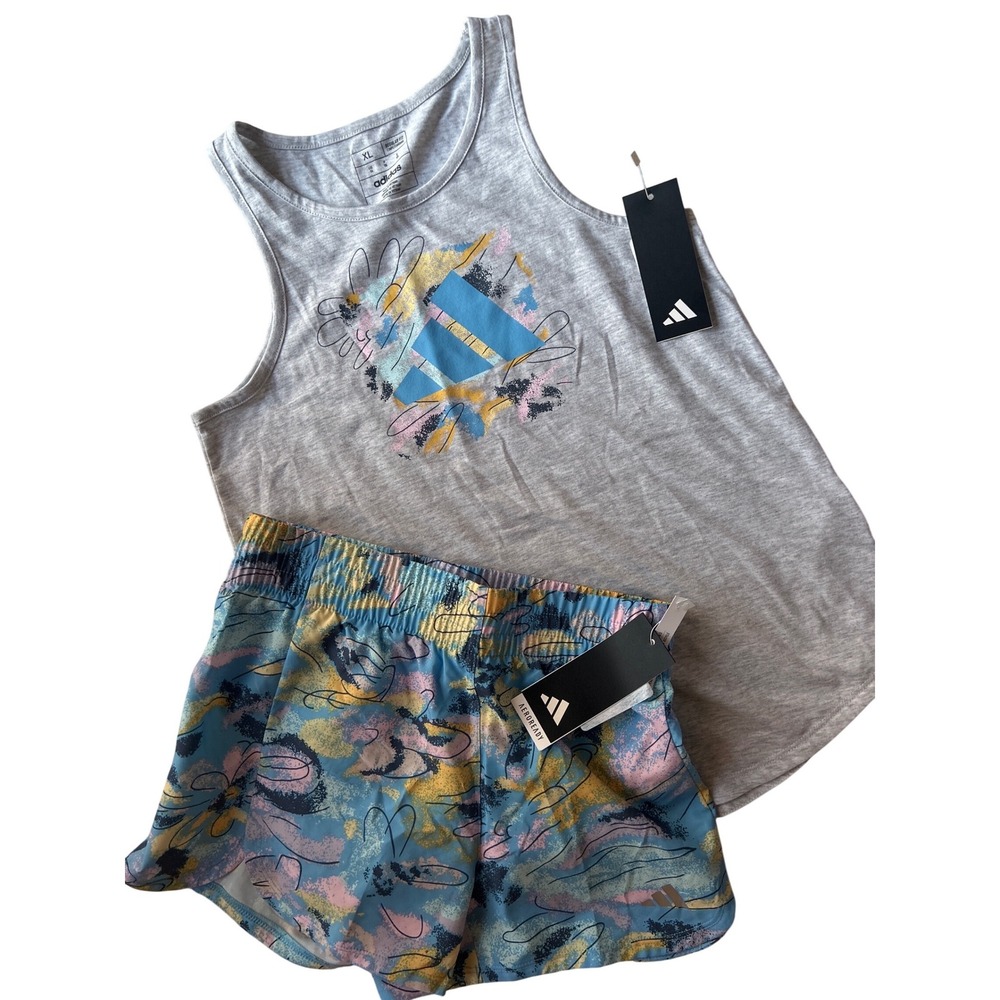 Adidas Tank Top and Shorts Set Graphic Logo Gray Blue Kids Top XL/ Shorts Lg NEW